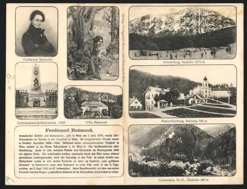 Klapp-AK Gutenstein /N.-Ö., Grabdenkmal, Villa Raimund, Mariahilferberg, Portrait von Ferdinand Raimund