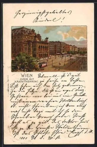 Lithographie Wien, Oper mit Kärntnerring und Strassenbahnen
