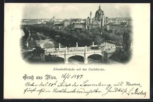 AK Wien, Elisabethbrücke mit der Carlskirche