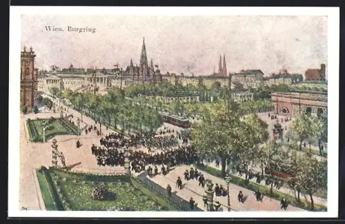 Künstler-AK Wien, Burgring mit Strassenbanen und Passanten