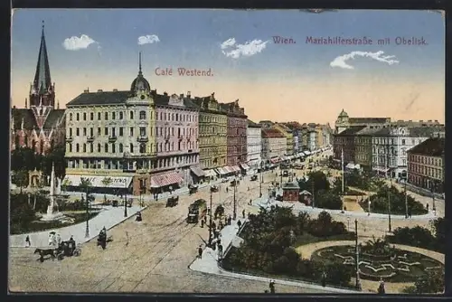 AK Wien, Café Westend und Mariahilferstrasse mit Obelisk