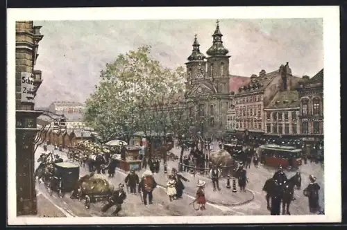 Künstler-AK Wien, Landstrasse, Hauptstrasse mit Kirche