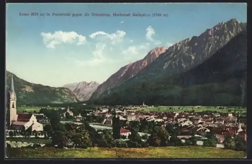 AK Lienz im Pustertal, Teilansicht mit Kirche gegen die Dolomiten, Hochstadl Keilspitze