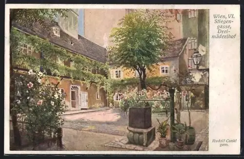 Künstler-AK Wien VI, Stiegengasse, Dreimäderlhof, Wasserpumpe