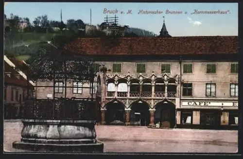 AK Bruck a. M., Historischer Brunnen und Kornmesserhaus