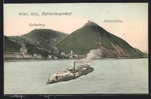 AK Wien, Kahlenbergerdorf, Uferpartie mit Kahlenberg, Leopoldsberg und Dampfer