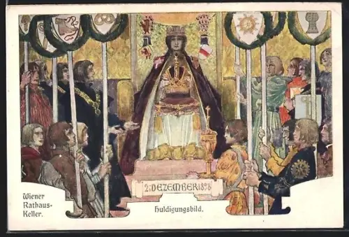Künstler-AK Wien, Rathaus-Keller, Darstellung Huldigung, Krönung vom 2. Dezember 1898