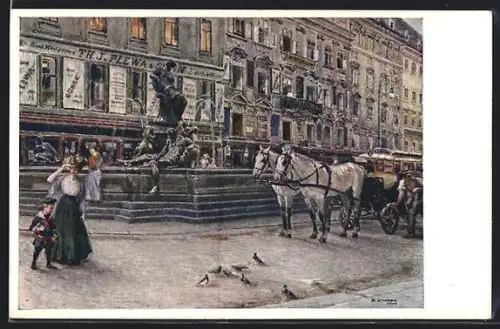AK Wien, Neuer Markt, Donnerbrunnen, Strassenbahn, Passanten füttern Tauben