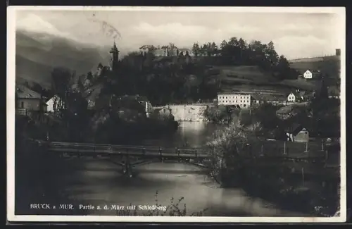 AK Bruck a. d. Mur, Mürzpartie mit Brücke u. Schlossberg