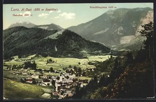 AK Lunz /N.-Oest, Teilansicht mit Oetscher und Scheiblingstein