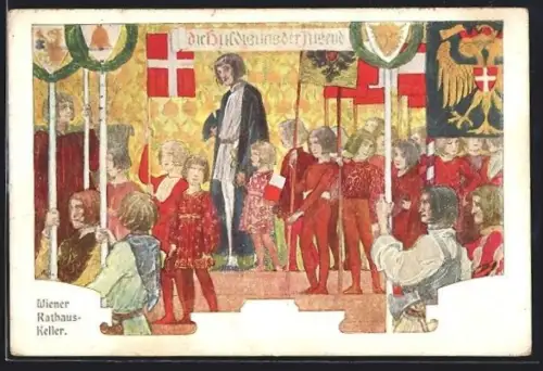 Künstler-AK Wien, Restaurant Wiener Rathauskeller, Wandbild Die Huldigung der Jugend