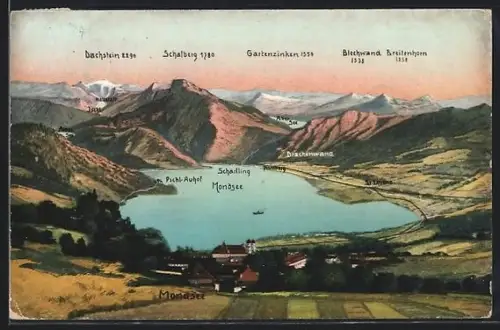 AK Mondsee, Panorama mit St. Lorenz, Pichl-Auhof und Schafberg