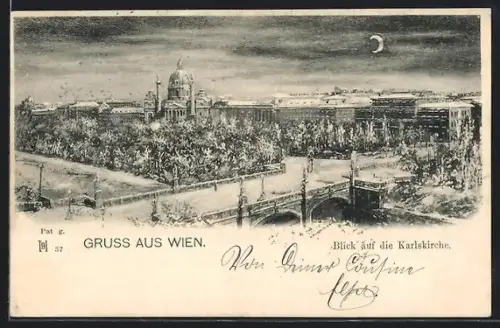 Künstler-AK Wien, Blick auf die Karlskirche im Winter bei Mondschein