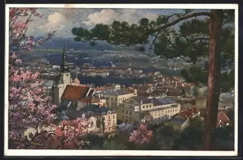 Künstler-AK Baden, Teilansicht der Stadt im Frühling