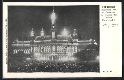 AK Wien, Rathaus, Beleuchtet bei Nacht