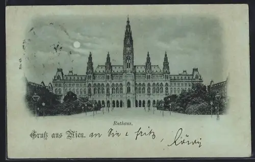 Mondschein-AK Wien, Rathaus mit Strassenpartie