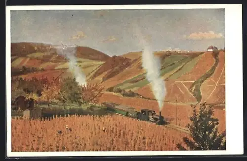 Künstler-AK Wien-Kahlenberg, Eisenbahn durch Weinberge und Felder