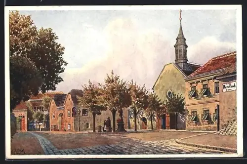 Künstler-AK Wien, Heiligenstadt, Pfarrplatz mit Beethovenhaus