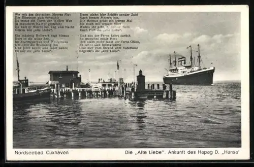 AK Cuxhaven, Ankunft des Hapag Dampfers Hansa an der Alte Liebe
