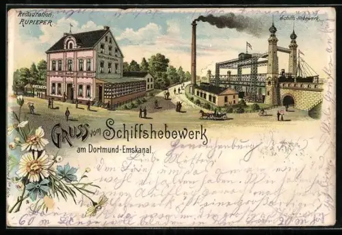 Lithographie Schiffshebewerk am Dortmund-Emskanal, Restaurant Rupierer