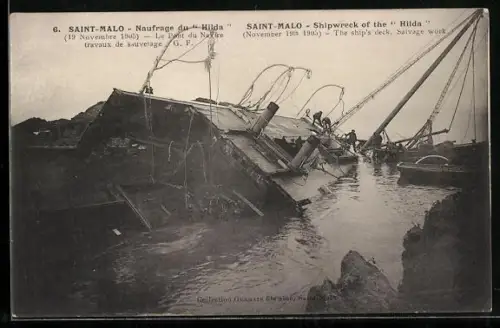 AK Saint-Malo, Shipwreck of the Hilda, 1905, The ship`s deck, salvage work, Seenotrettung