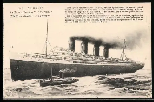 AK Le Havre, Passagierschiff France und begleitendes Lotsenboot