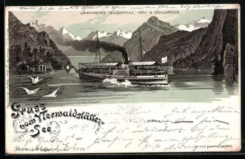 Lithographie Sisikon /Vierwaldstätter-See, Tellskapelle mit Urirothstock, Rütli, Schillerstein und Dampfer Stadt-Luzern