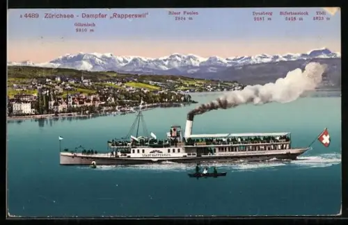 AK Zürichsee, Dampfer Rapperswil vor dem Gebirgspanorama mit Glärnisch, Drusberg und Tödi