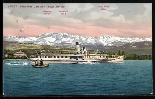 AK Dampfer Stadt Zürich auf dem Zürichsee vor Gebirgspanorama