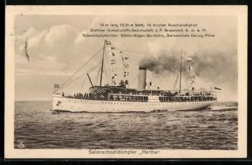 AK Salonschnelldampfer Hertha der Stettiner Dampfschiffahrtsgesellschaft in Fahrt