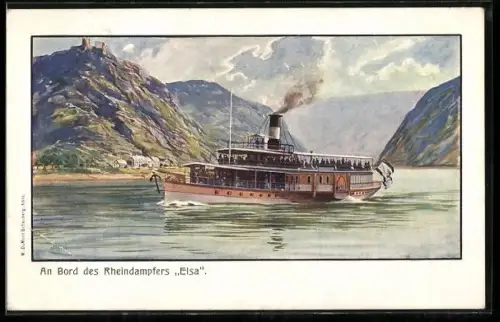 Künstler-AK Rheindampfer Elsa in Fahrt auf dem Rhein