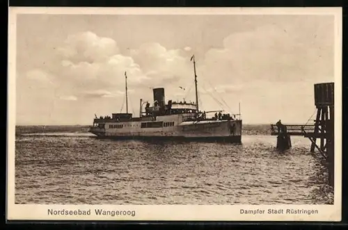 AK Wangeroog, Dampfer Stadt Rüstringen nähert sich dem Schiffsanleger