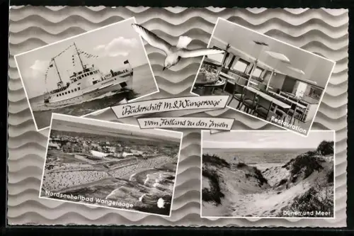 AK Bäderschiff M.S. Wangerooge, Schiffansicht, Blick in das Bordrestaurant, Passagierschiff