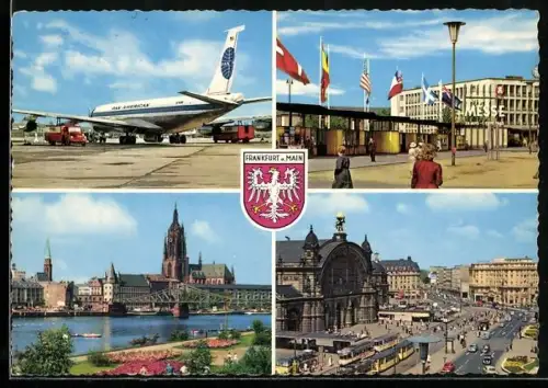 AK Frankfurt, Pan American Flugzeug auf Flughafen, Messe, Hauptbahnhof mit Strassenbahnen