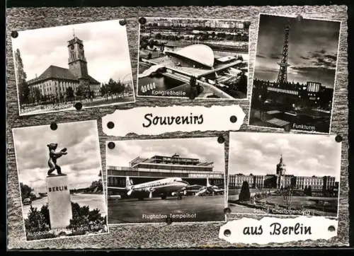 AK Berlin, Flughafen Tempelhof mit gelandetem Passagierflugzeug der Pan American, Funkturm, Krongresshalle
