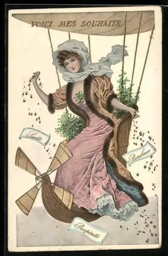 Lithographie Voici mes Souhaits, Dame in Ballon, Jugendstil