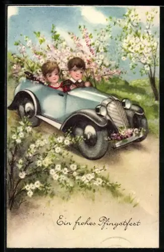 AK Junge und Mädchen im Auto auf Fahrt durch Frühlingslandschaft