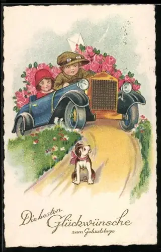 Künstler-AK Junge und Mädchen auf Fahrt im Auto, kleiner Hund mit Halsband