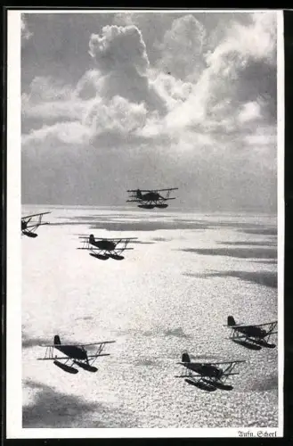 AK Deutsche Wasserflugzeuge im Verbandsflug über dem Meer