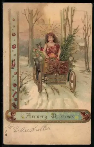 Präge-AK Junge Frau im Kleid im offenen Wagen, auf der Rücksitzbank Weihnachtsgeschenke, Auto