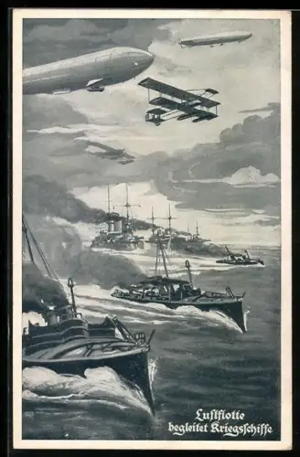 AK Zeppeline und Flugzeuge der Luftwaffe begleiten Kriegsschiffe aufs Meer hinaus