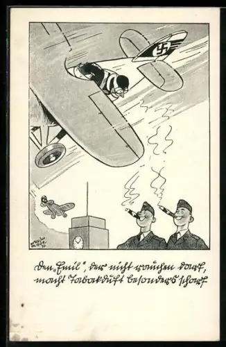 Künstler-AK Fliegerhumor Jagdflieger Emil bei Bruchlandung