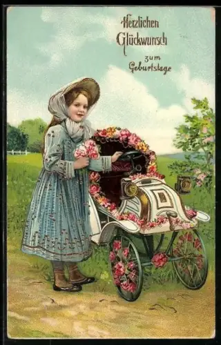 Lithographie Mädchen am kleinen Auto mit Blumenschmuck