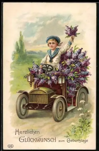 AK Kind im Matrosenanzug fährt mit blumengeschmücktem offenen Auto