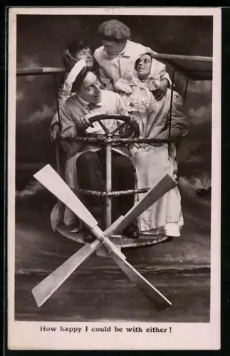 AK Zwei Männer und zwei Frauen in der Führergondel von einem Zeppelin, Studioaufnahme