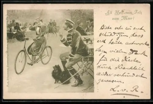 AK Husar in Uniform betrachtet junge Frau auf Fahrrad, Gruss der Fahrradfahrer