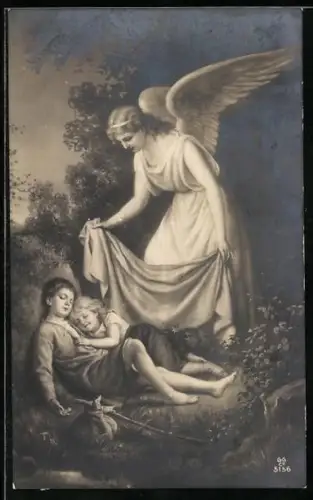 AK Schutzengel behütet die schlafenden Kinder im Wald