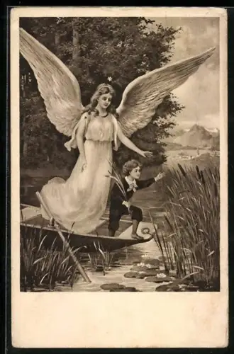 AK Junge im Boot wird von einem Schutzengel behütet