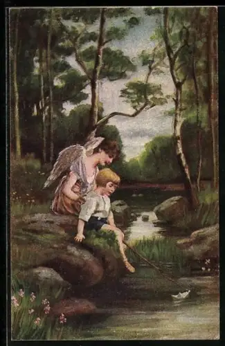 AK Kind spielt am Bach und wird von seinem Schutzengel behütet