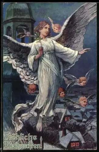 Künstler-AK Weihnachtsengel umringt von Engelsgesichtern an der Kirche